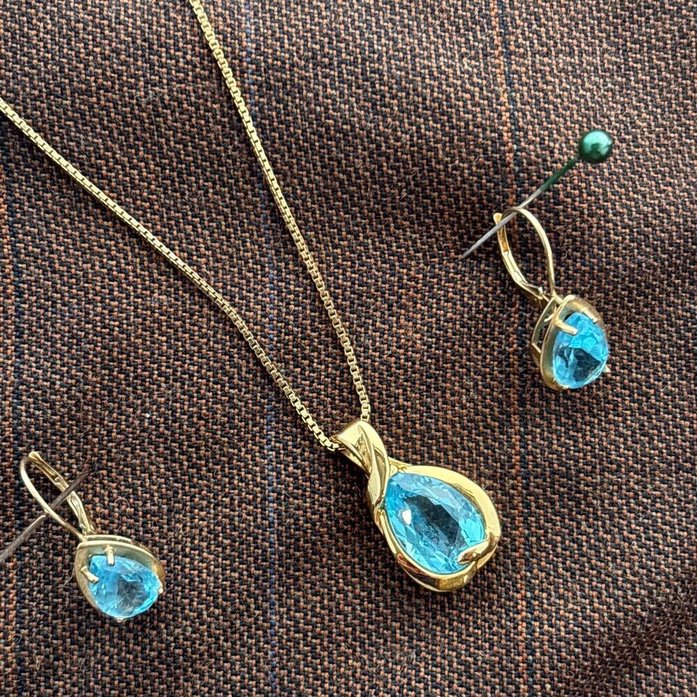 Technibond 925 Gold Bonded Sterling Silver Blue Topaz Necklace Earring Set